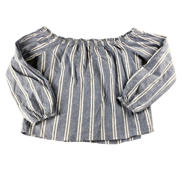 Guess Womens Small Blue White Pin Stripe Off Shoulder Linen Blend Top - Picture 2 of 7